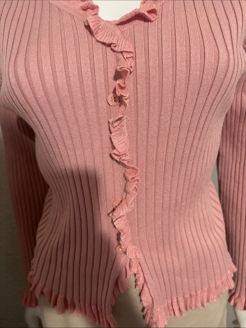 Carolyn Taylor Dusty Pink Ribbed Ruffle Cardigan - Picture 5 of 10